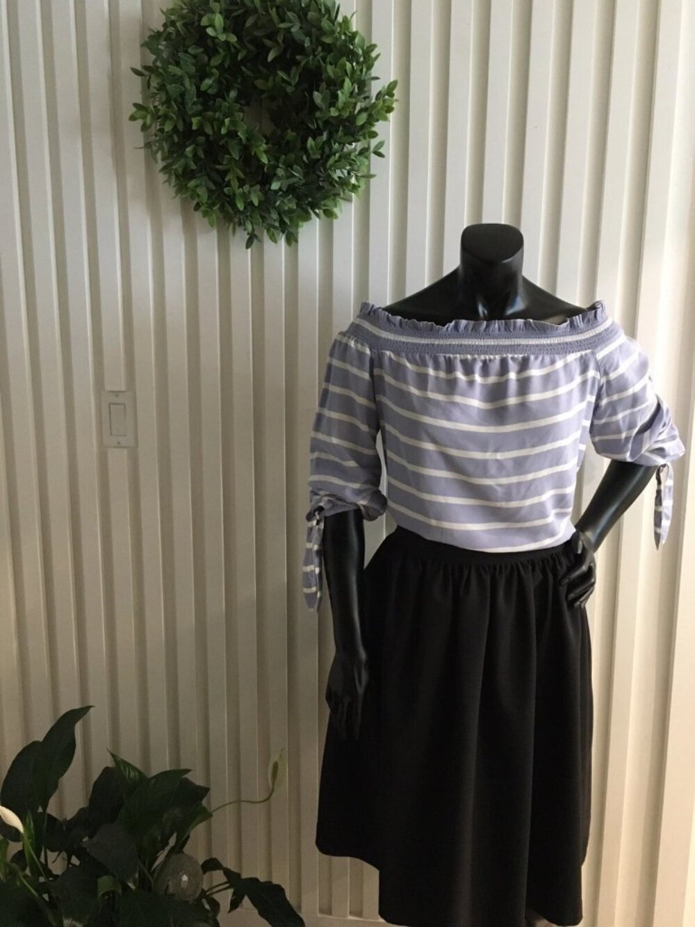 Share Beach Lunch Lounge Top Blue White Stripes off the shoulder blouse